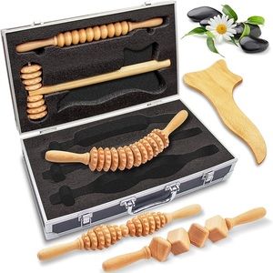 5 Piece Massage Roller Kit Hard Case Wood Therapy Tools.